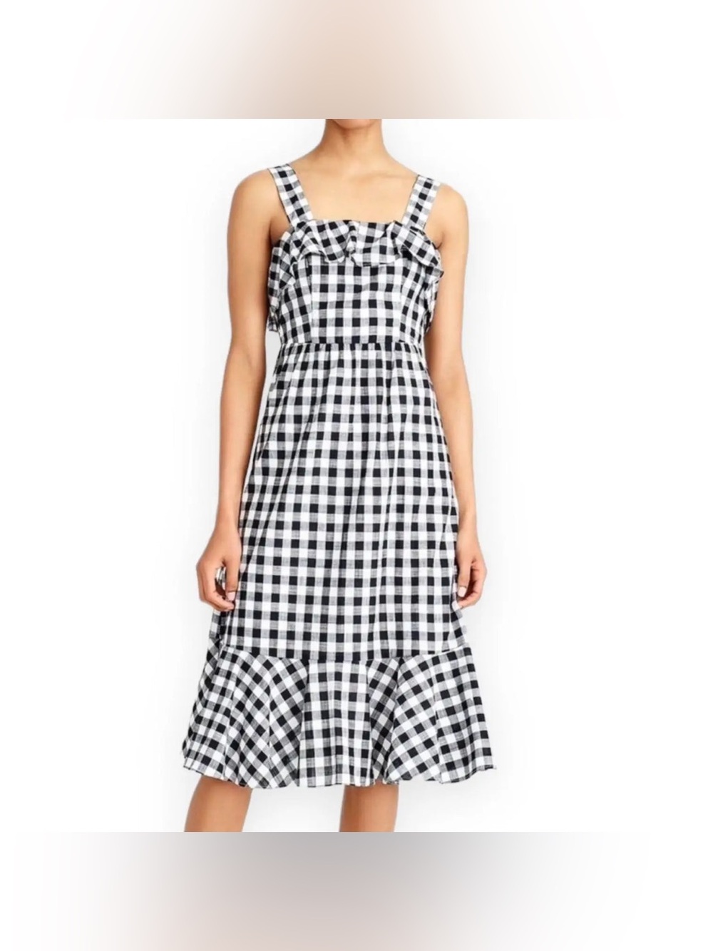 J. Crew- Black and White Gingham Midi Dress with Ruffle Hem Size 12